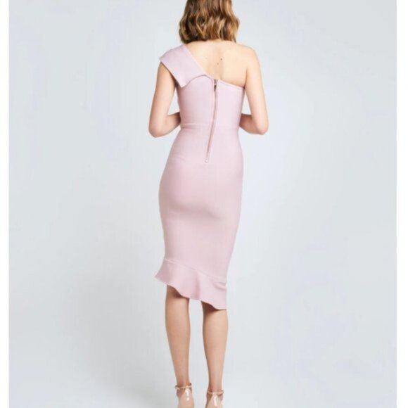 Few Moda Size L Pink One-Shoulder Asymmetrical Ruffle Hem Midi Dress Bodycon - Picture 4 of 15